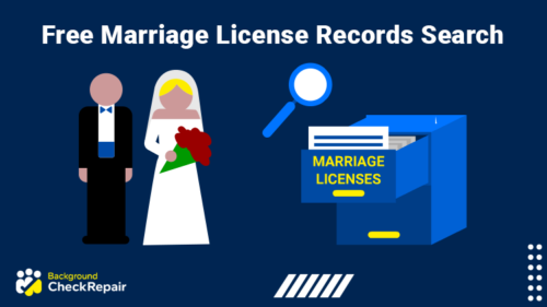 Married Couple standing on the left looking at a free marriage license records search being done in a marriage records file cabinet on the right.