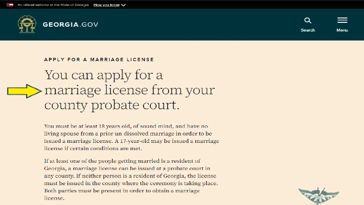 Screenshot of State of Georgia official website page with yellow arrow pointing to where an individual can apply for a marriage license