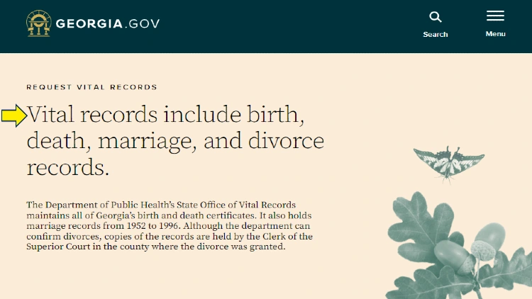 Screenshot of State of Georgia website page with yellow arrow pointing to request of vital records including birth, death, marriage and divorce records.