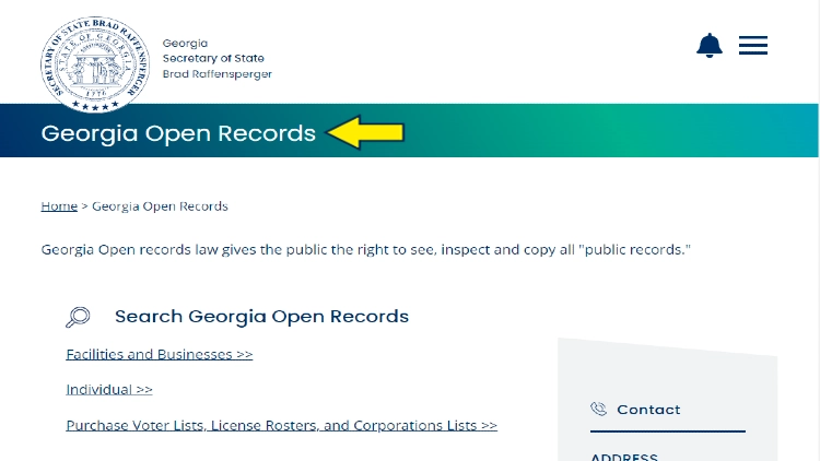 Screenshot of GA Secretary of State website page with yellow arrow pointing to Georgia open records