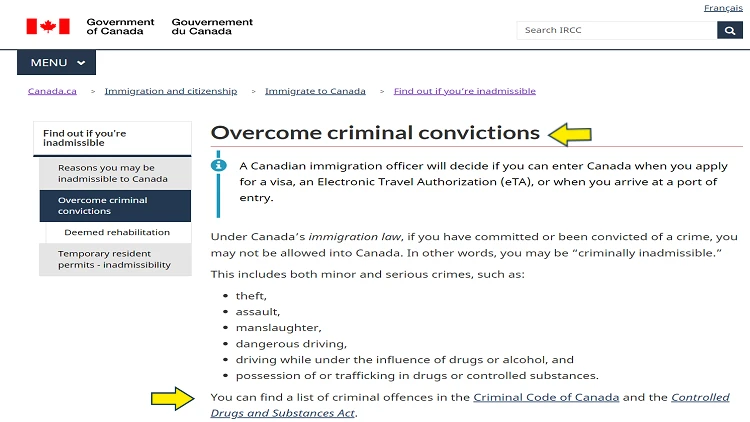 Screenshot of Government of Canada website page for immigration with yellow arrows on how to overcome criminal conviction when traveling to Canada.