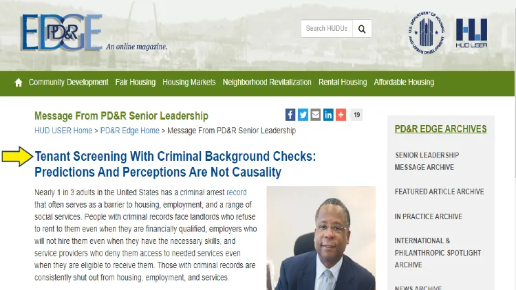 Screenshot of US Department of HUD website page with yellow arrow pointing to tenant screening with criminal background checks