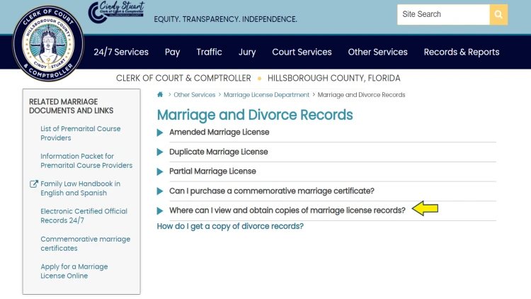 Screenshot of Hillsborough County website page for marriage and divorce records with yellow arrow pointing to where to get copy of marriage license records in Hillsborough County.