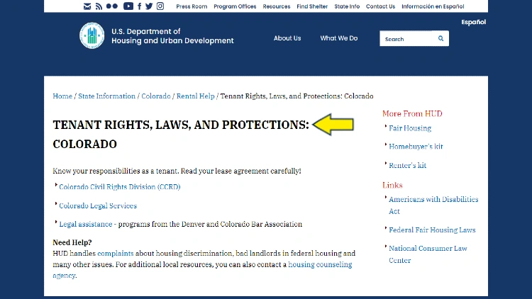 Screenshot of US Department of HUD website page for rental help with yellow arrow pointing to tenants rights, laws and protections: Colorado.