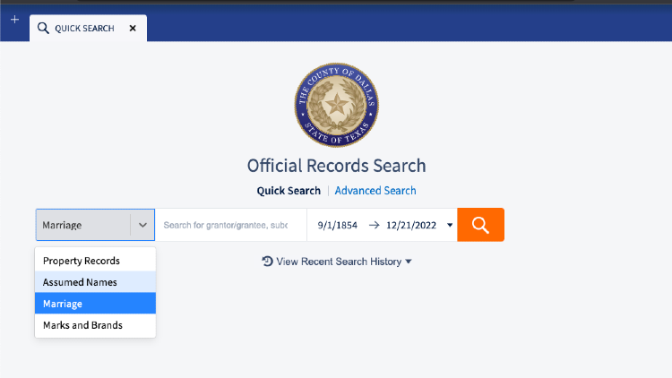 Screenshot of Official Records Search website page about Quick Search with yellow arrows pointing to the Marriage Records dropdown.