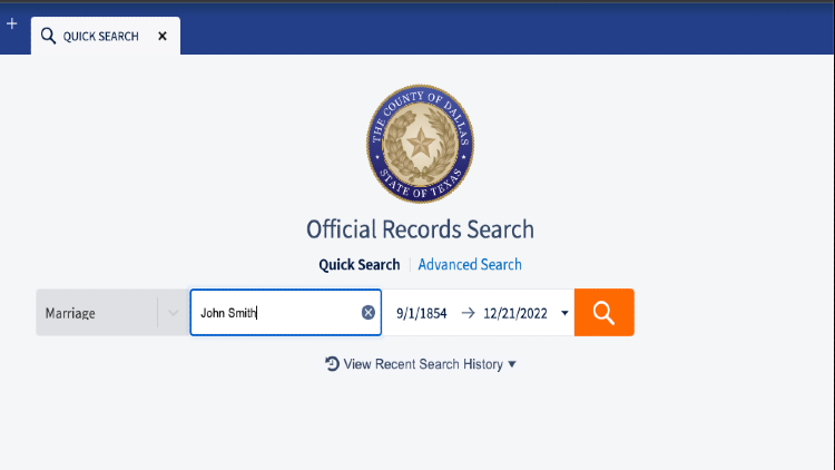 Screenshot of the Official Records Search website page about Marriage Records with yellow arrow pointing to the name field.