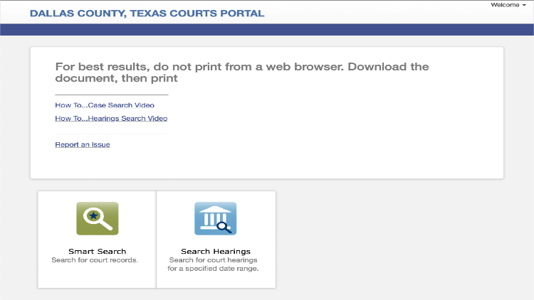 Screenshot of the Dallas County Texas Courts Portal about Smart Search with yellow arrows pointing to documents that are needed to be downloaded.