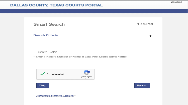 Screenshot of Dallas County Texas Courts Portal website page about Smart Search with yellow arrows pointing to the fiedl wherein you have to enter the record number.