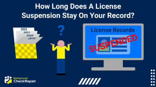 Man with a question mark over his head shrugging his shoulders wonders how long does a license suspension stay on your record while looking at a calendar that is flipping month pages and a computer screen on the right that shows license suspension driving records for him.