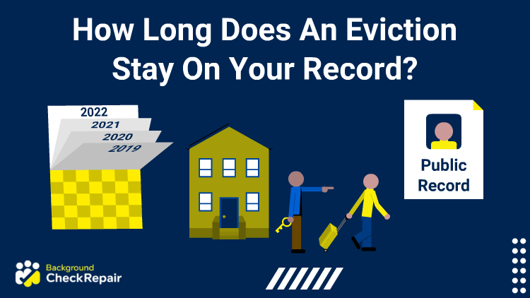 Man with his suitcase dragging behind him wonders how long does an eviction stay on your record while a landlord is pointing him out of his apartment while he walks toward an official eviction record document.