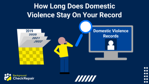 Man in a yellow shirt looking at a large screen of online public domestic abuse records examines how long does domestic violence stay on your record while watching a calendar flip pages on the left.