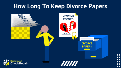 Man wonders how long to keep divorce papers while looking at a calendar that is flipping pages while behind his back a divorce records document and divorce papers filing cabinet is open.