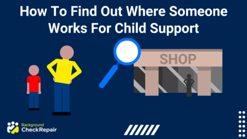 Parent with a child standing behind him on the left holds a magnifying glass up to a shop and wonders how to find out where someone works for child support payment and how to find out where someone works for wage garnishment.