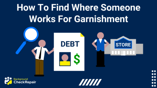 Man in a tie holding a large debt and a magnifying glass wonders how to find where someone works for garnishment while looking at a lumber store manager n front of the place of work.