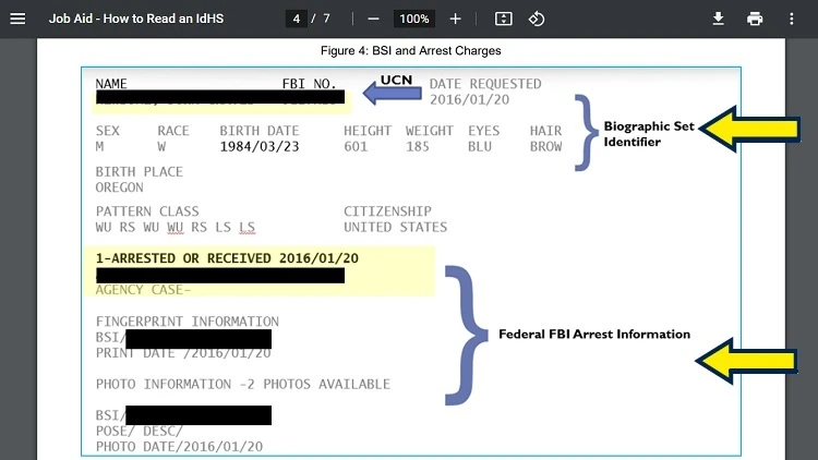 Screenshot of US Department of Justice document with yellow arrow pointing to BSI and arrest information in a identity history summary sample