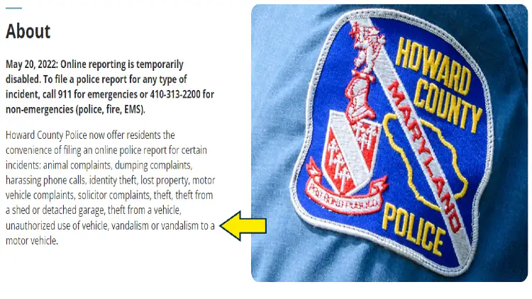 Screenshot of Howard County website page for police reports with yellow arrow pointing to types of incidents that can be reported online including vandalism.