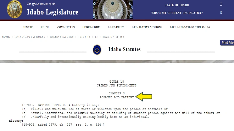 Screenshot of Idaho Legislature website page for Idaho statutes with yellow arrow pointing to what is assault and battery and its punishment in Idaho.