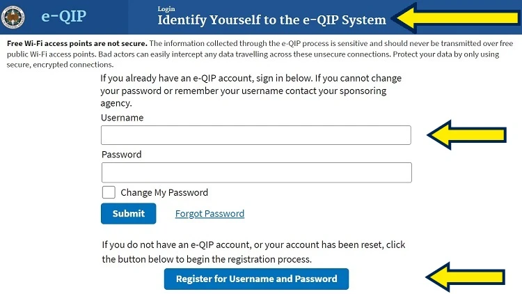 Screenshot of e-Qip website page for account log-in with yellow arrows pointing to creating an account with e-Qip to help you with e-Qip background investigation.