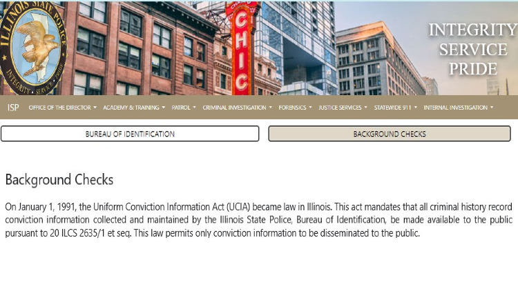 Screenshot of Illinois State Police website page for background check showing when criminal convictions are mandated to be made available to the public in Illinois.