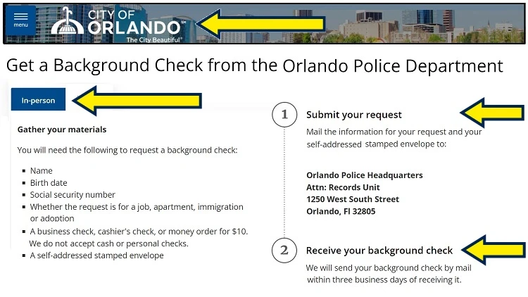 Screenshot of City of Orlando website page with yellow arrow pointing tothe process on how to get in-person background check from the Orlando Police Department