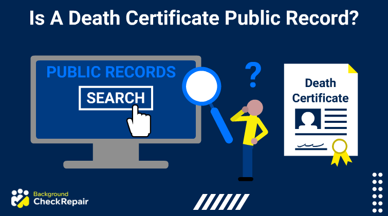 Man with a question mark above his head and a death certificate vital record behind him wonders is a death certificate public record and can death records be searched online while looking at a large computer screen with a search button for public records.