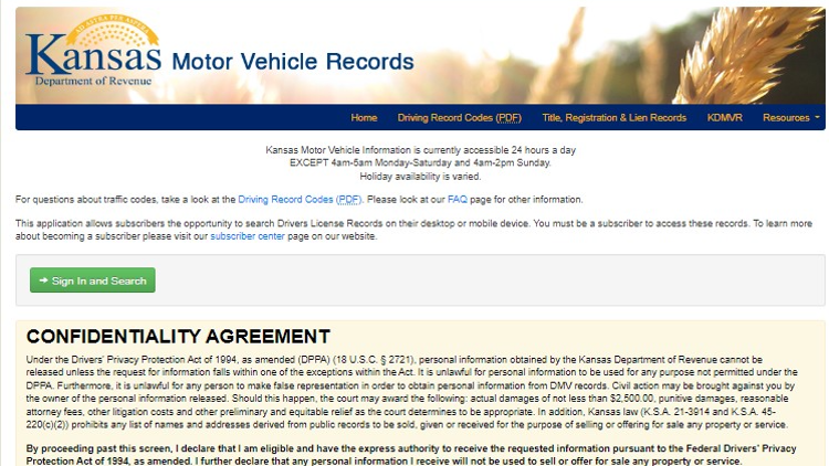 Screenshot of Kansas Department of Revenue website page for motor vehicle records showing the sign-up page for search and request of driver license records in Kansas.