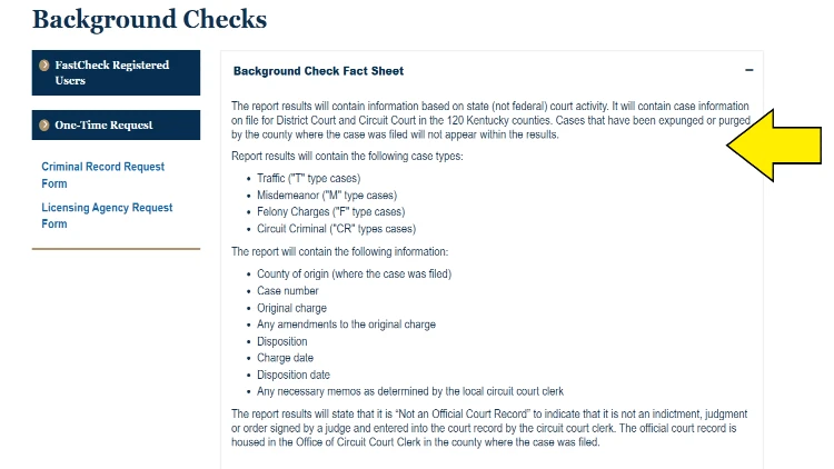 Screenshot of Kentucky Court of Justice website page for background checks with yellow arrow on what shows up on background check in Kentucky.
