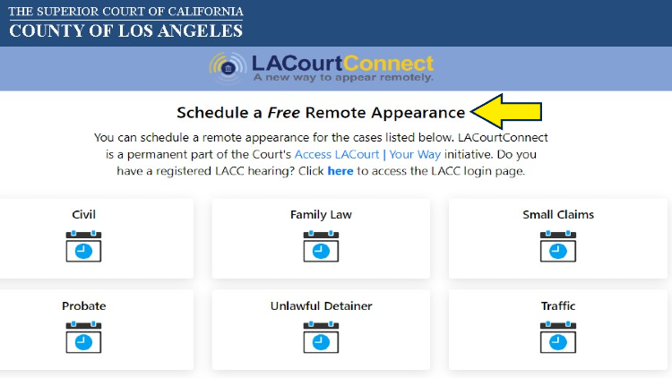 Screenshot of Superior court of California website page for LA Court with yellow arrow pointing to how to schedule free remote appearance in courts.