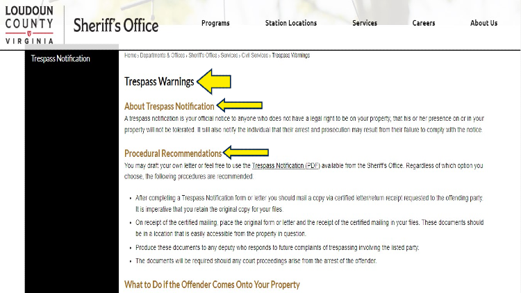 Screenshot of Loudoun County Sheriff's Office website page for civil services with yellow arrows on information on trespass warnings process in Loudoun County, Virginia.