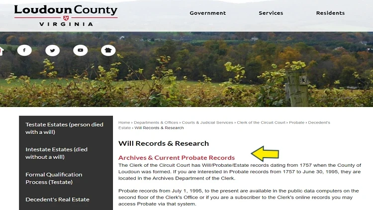 Screenshot of Loudoun County, Virginia website page for clerk of the circuit court with yellow arrow pointing to probate records search in Loudoun County, Virginia.