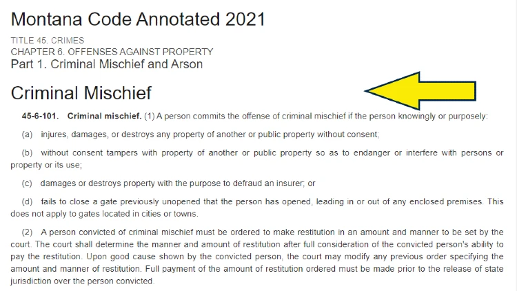 Screnshot of Montana Code for Criminal mischief with large yellow arrow. 
