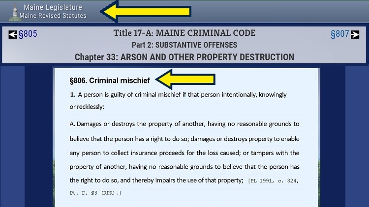 Screenshot of State of Maine Legislature law on criminal code with yellow arrow pointing to criminal mischief.