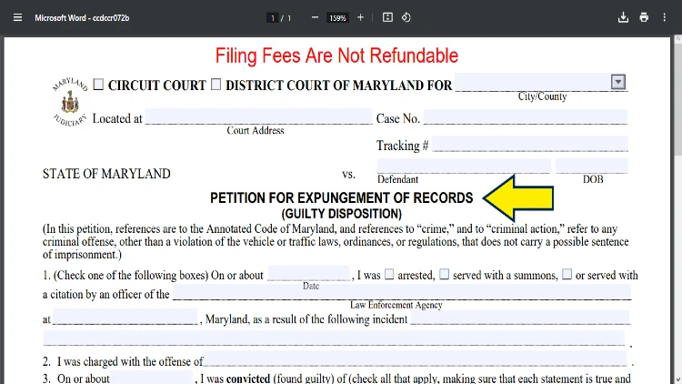 Screenshot of Maryland Judiciary website page for forms with yellow arrow on Petition for Expungement of Records (Guilty Disposition) form in Maryland.