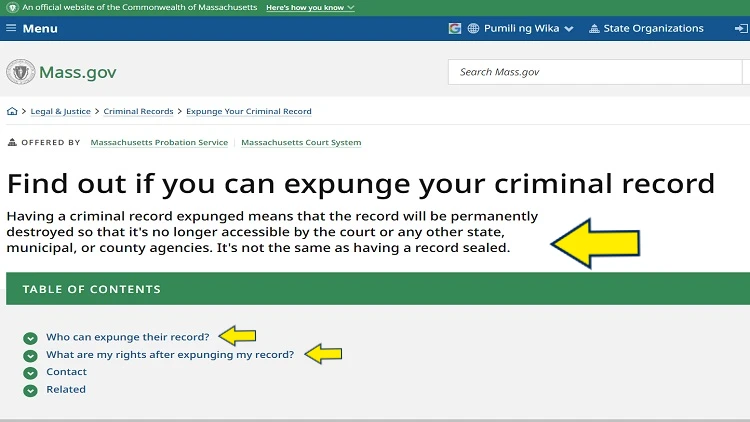 Screenshot of MA website page with yellow arrow pointing to information on how to find out if a criminal record can be expunge