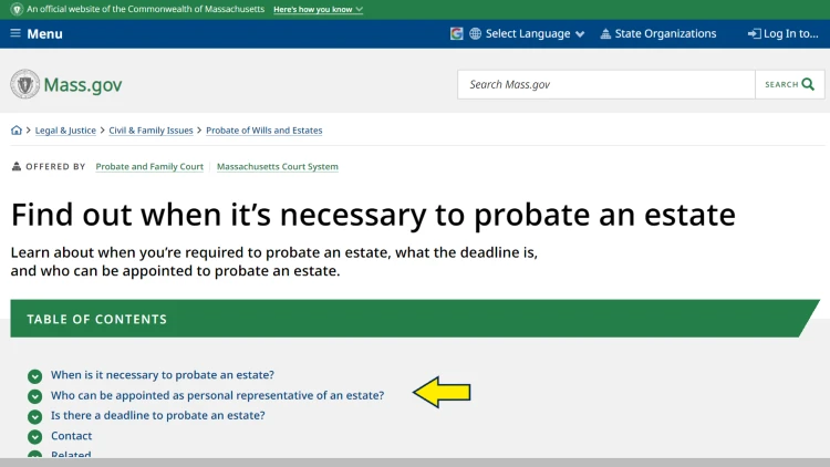 Screenshot of Commonwealth of Massachusetts website page for probate of wills and estates with yellow arrow pointing to who can be an estate personal representative.