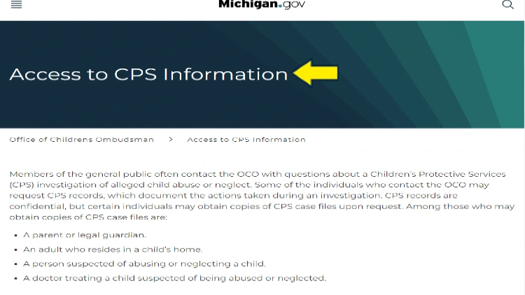 Screenshot of Michigan website page with yellow arrow pointing to individuals who may obtain access to CPS information