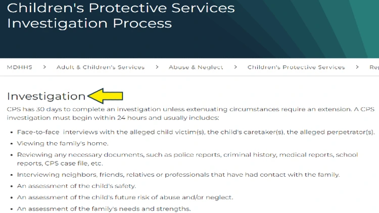 Screenshot of Michigan Department of Helath and Human Services website page with ywlloe arrow pointing to investigation process