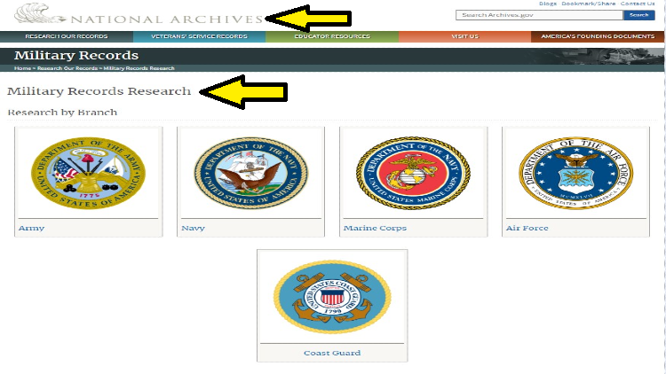 Screenshot of National Archives website page for military records with yellow arrow pointing to military records search on different branches of the military.