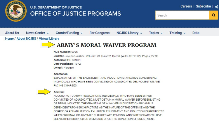 Screenshot of US Department of Justice website page for publications with yellow arrow pointing to copy of research on Army’s Moral Waiver Program.