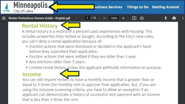 Screenshot of Minneapolis website page about renter protection owner guide with yellow arrows pointing to rental history and income.