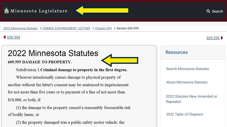 Screenshot of Minnesota Legislature website page about 2022 Minnesota statutes with yellow arrow pointing to damage to property penalty
