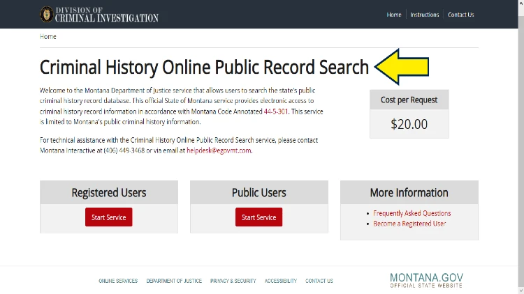 Screenshot of Montana Department of Justice website page for criminal records with yellow arrow pointing to criminal history public record search online portal.