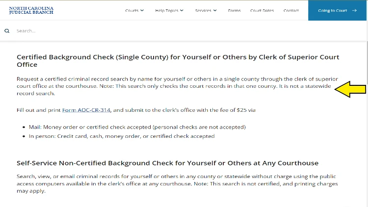 Screenshot of North Carolina Judicial Branch website page for background check with yellow arrow pointing to how to do criminal background check on yourself.
