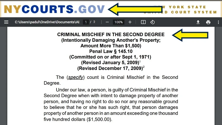 Screenshot of NY Courts document with yellow arrow pointing to ccriminal mischief in the second degree