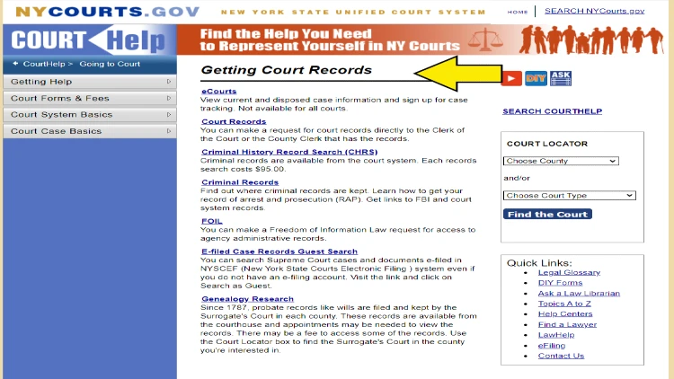 Screenshot of New York Court website page for court proceedings with yellow arrow pointing to how to search court records online in New York.