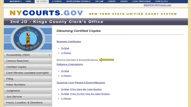 Screenshot of New York Courts website page for obtaining certified copies of documents with yellow arrow pointing on a link that leads to how to obtain a copy of divorce decree & exemplifications in Kings County, New York.