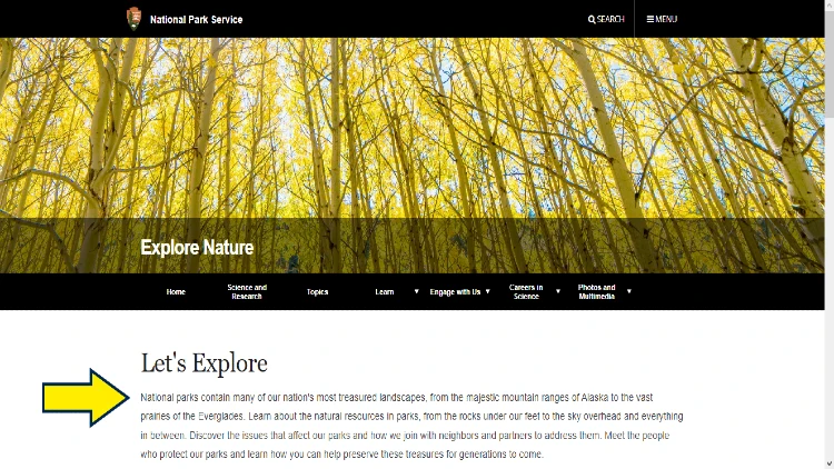 Screenshot of National Park Service website page for explore nature with yellow arrow on what can be seen in national parks.