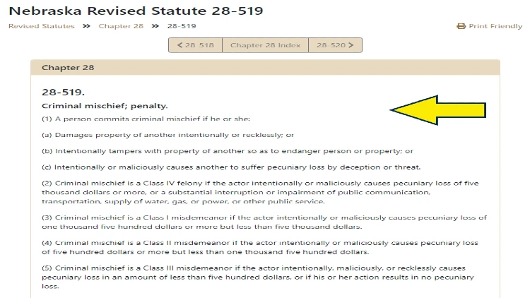 Screenshot of Nebraska Revised Statue 28-519 for penalties for criminal mischief. 