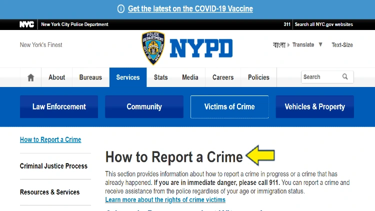 Screenshot of NYPD website page for victims of crime with yellow arrow on how to report a crime to NYPD.