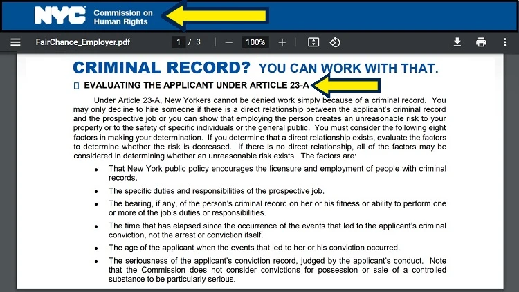 Screenshot of New York City website page for Commission on Human Rights with yellow arrows pointing to list of factors that employers should consider when evaluating an applicant with criminal record.